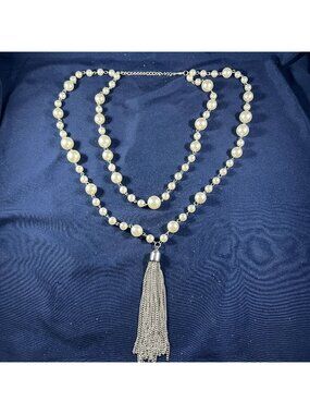 Long Faux Pearl Necklace With Silver Chain & Tassel Pendant